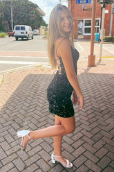 Black Homecoming Sequined Lace Up Back Bodycon Cocktail Dress